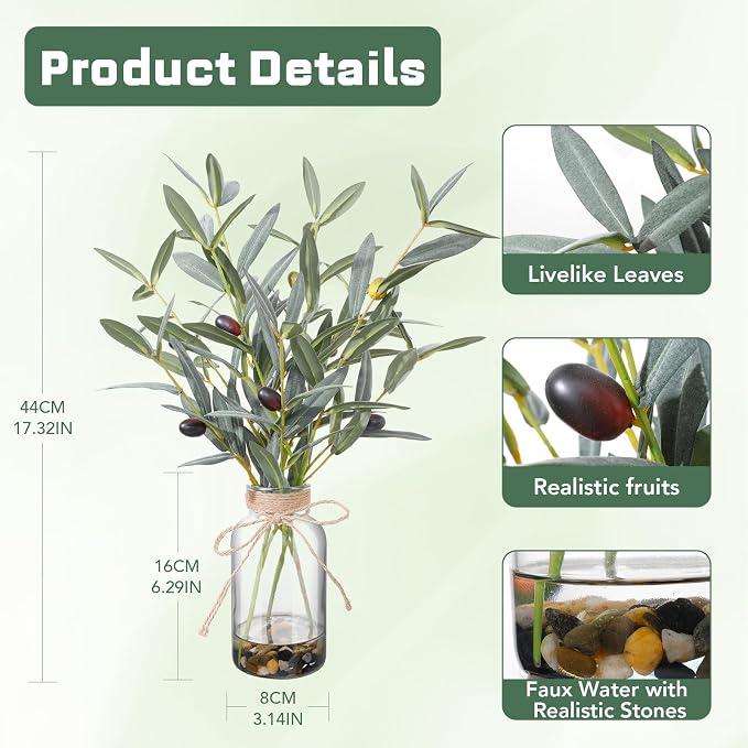 15.74” Artificial Olive Branches in Glass Vase with Faux Water & Natural Stones, Lifelike Fake Greenery for Modern Farmhouse Home Decor, Bathroom decor, Office Desk Centerpiece, Housewarming Gift