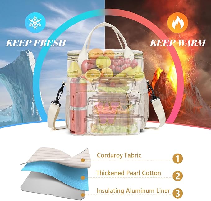 Personalized Initial Lunch Box for Women, Double-deck Expandable Large Insulated Cooler Lunch Bag with Shoulder Strap, Adult Lunch Box, Gifts for Women, Wife, Mom & Friends for Work, Picnic, Beach