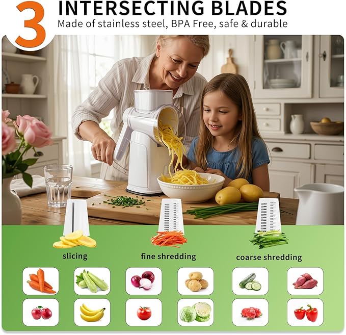 Rotary Cheese Grater for Kitchen, 3-in-1 Manual Vegetable Slicer & Shredder with 3 Stainless Steel Blades, Strong Suction Base Hand Crank Mandoline Food Processor for Cheese, Potato, Nut