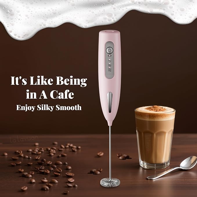 Electric Milk Frother, Three speed adjustment, USB Rechargeable Cordless Hand Blender with Sticky Stand Included, Portable Kitchen Stainless Steel Egg Beater, Mixed Drinks, Coffee Stirrers (Pink)