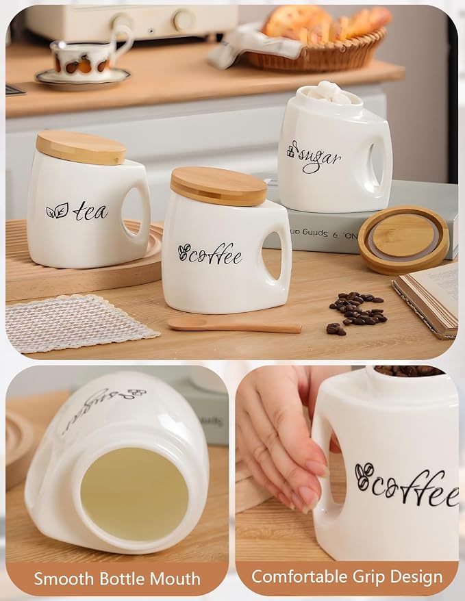 Ceramics Sugar Container, Sugar Bowl with Lid and Spoon, Sugar Jar for Countertop, White Sugar Storage Canisters with Comfort Grip, Home Decor (25oz/750ml)