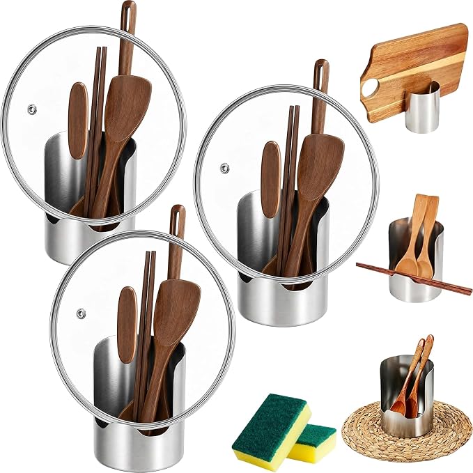 Multi-Functional Kitchen Utensil Holder, Stainless Steel Countertop Organizer for Spoons, Spatulas, Pot Lids, Cutting Boards and Cooking Tools，3pcs