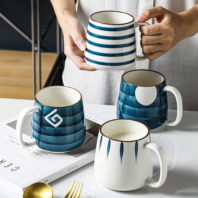 DEAYOU Set of 4 Porcelain Coffee Mugs, 17 Oz Ceramic Coffee Cups with Handles, Large Hand-Painted Tea Cups for Cappucino, Milk, Latte, Cocoa, Hot or Cold Drinks, Microwave & Dishwasher Safe