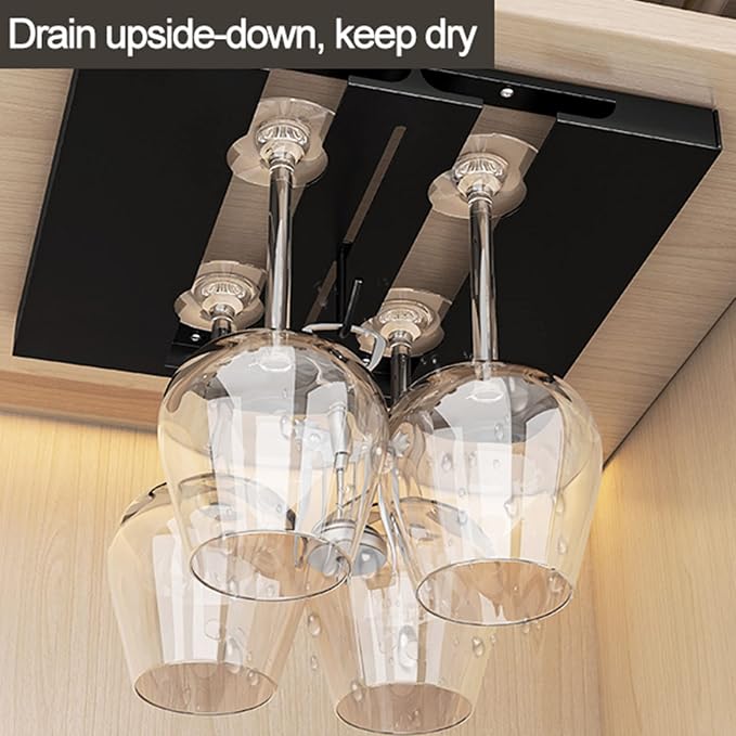 V3VOGUE Hanging Wine Glasses Holder Under Cabinet, 2/3/4/5/6 Rows Black Metal Wine Glasses Hanger, Glass Storage Rack Organiser for Cupboard Kitchen Bar (Size : 6 Row)