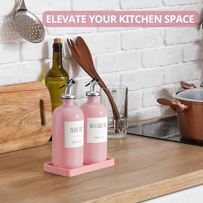 Olive Oil Dispenser Bottle for Kitchen, 16oz Glass Oil and Vinegar Dispenser Set with Wood Tray & 54 Labels - Coffee Syrup Dispenser - Pink Kitchen Decor and Accessories - Set of 2