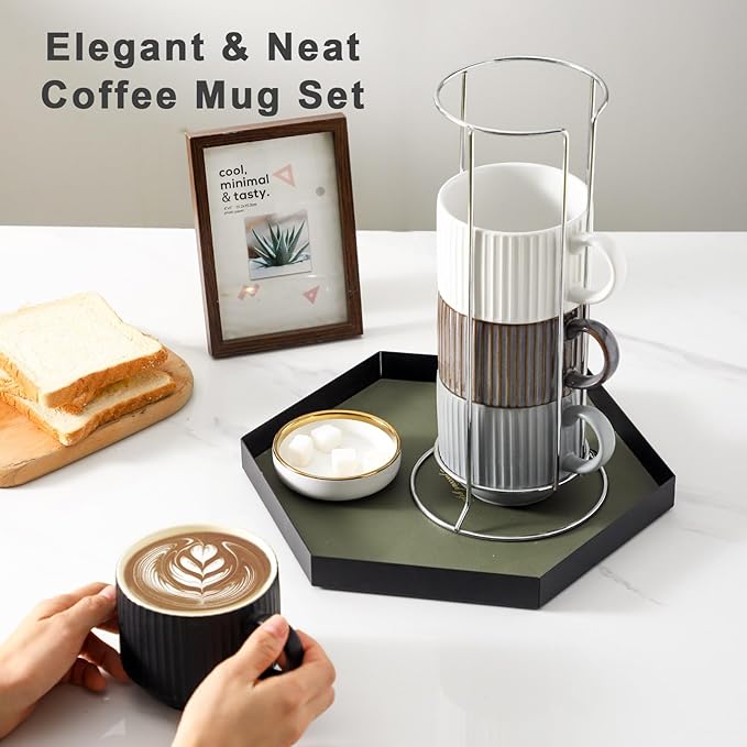 HASENSE Large Coffee Mug Set of 4 with Rack - 15 oz Stacking Ceramic Ribbed Latte Cups Set for Cappuccino, Tea, Hot Cocoa, Drinks - Dishwasher & Microwave Safe Assorted Colors