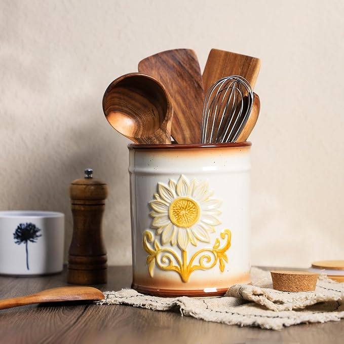Retro Ceramic Sunflower Embossed Pattern Kitchen Utensil Holder, Large Cooking Utensil Crocks for Kitchen Countertop, Sunflower Utensil Organizer