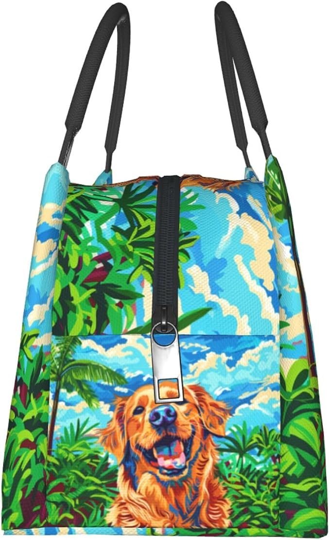Colorful Golden Retriever Lunch Box for Women Girls Insulated Tropical Leaves Playful Dog Puppy Lunch Bag for Work Picnic Camping Travel Gifts Large Capacity Cooler Thermal Reusable Tote Makeup Bags