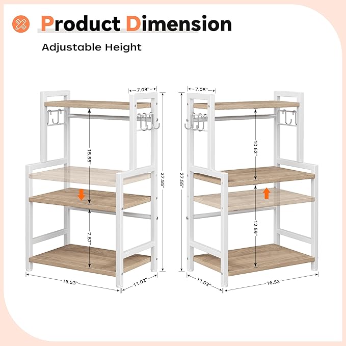 Kitchen Countertop Organizer, 3 Tier Large Spice Rack Organizer with Adjustable Shelf and 5 Hooks, Wooden Counter Organizer, Countertop Shelf Microwave Stand for Kitchen Coffee Bar, Light Coffee