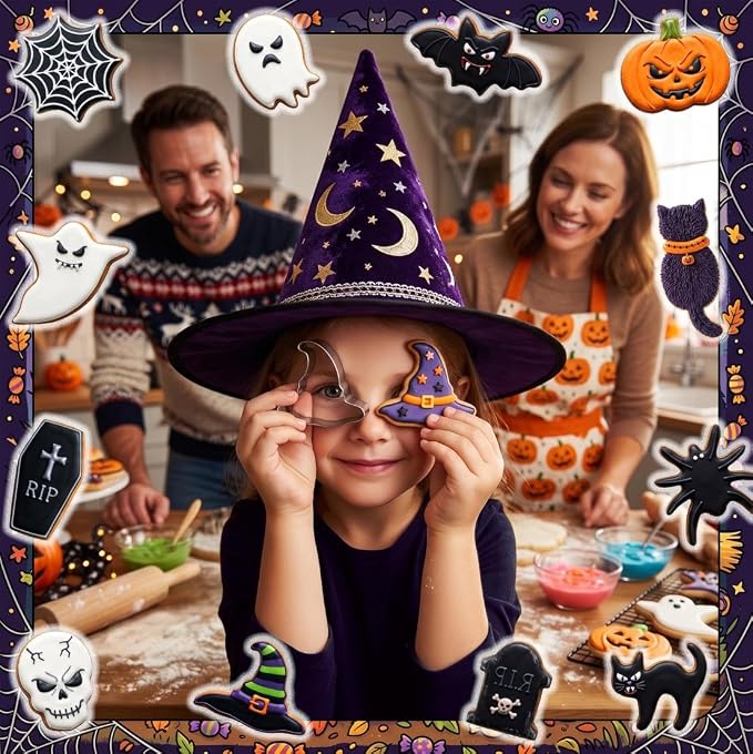 Halloween Cookie Cutters Set, HUINF 12Pcs Stainless Steel Cookie Cutters - Bat, Ghost, Pumpkin, Cat, Spider, Spider Web, Coffin, Witch's Hat, Skull, Tombstone Shapes for Halloween Baking