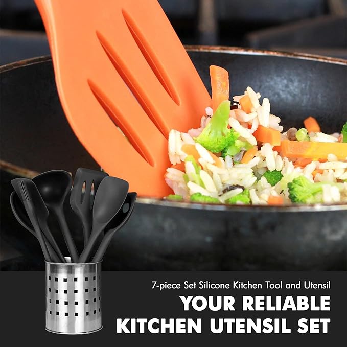 Chef Craft - Premium Silicone Kitchen Tools and Utensils Set, Non-Scratch, Withstands Temperatures up to 450°F, BPA-Free, 7 Piece Cooking Utensils Set, Black