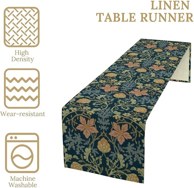 William Morris Floral Table Runner,Retro Floral Botanical Art Rustic Decor Table Runner for Home Indoor Outdoor Kitchen Holiday Birthday Party Wedding Decor 13x90 Inch