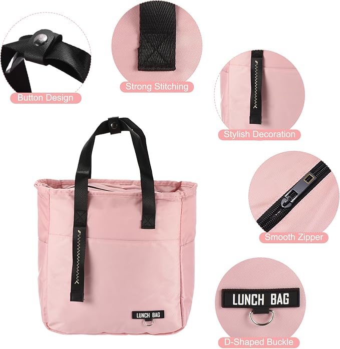 PATIKIL Insulated Lunch Bag Reusable Large Lunch Bag for Women & Men Thermal Lunch Box Leakproof Cooler Tote Bag with Side Pockets for Adults Picnic Office Work, Pink (10.6"x6"x11")