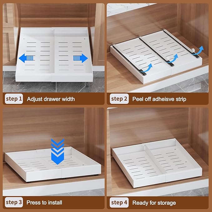 Expandable Pull Out Drawer for Cabinets, 21" Deep, Adjustable 12–20" Width – Magnetic Dividers, Optional Riser, Heavy-Duty 3-Rail Glide, No-Drill Roll-Out Shelf Organizer for Kitchen, White