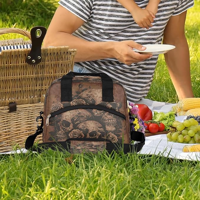 Pardick Skull Skeleton Vintage Insulated Lunch Bag for Women Girl Reusable Lunch Tote Box With Shoulder Strap Lightweight Thermal Cooler Meal Prep Bag for Work School Office Picnic