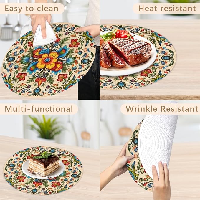 Round Placemats Set of 4, Carpet Pattern Woven Placemats Mats Non-Slip Heat Resistant Washable Table Mats Round Braided Place for Farmhouse Kitchen Dining Party Decor 15in