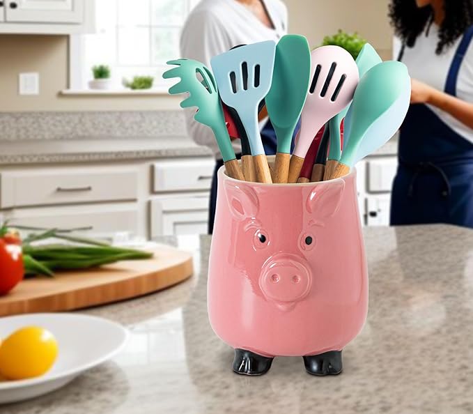 Pig Ceramic Kitchen Utensil Holder For Kitchen Counter Pink Utensil Crock For Countertop, Cute Farmhouse Kawaii Storage Organizer For Forks, Spoons & Cooking Tools