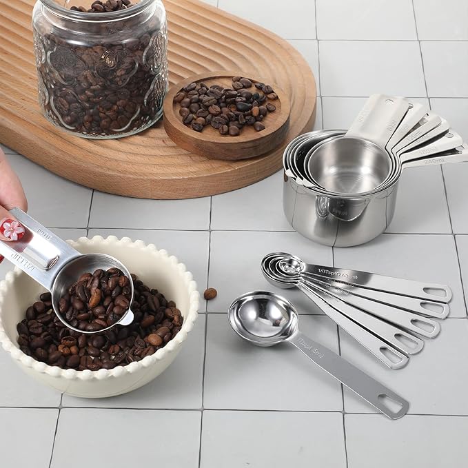 Measuring Cups and Spoons Set of 13, 7 Stainless Steel Nesting Cups and 6 Measuring Spoons, 2 Detachable Rings, Kitchen Gadgets for Baking Cooking, Dry and Liquid Ingredients