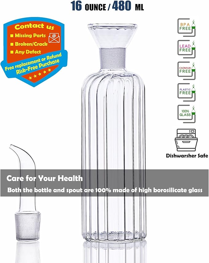 16 oz/480ml Non-Drip Olive Oil Dispenser Bottle 100% Glass Oil Carafe Decanter for Kitchen Oil & Vinegar Cruet for Cooking & BBQ