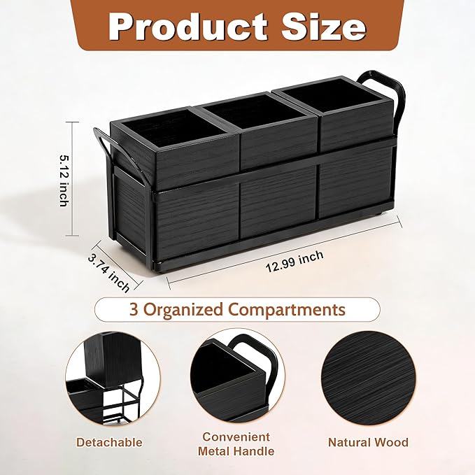 Kitchen Utensil Holder for Countertop, 3 Compartments Wooden Utensils Organizer for Cooking Utensils, Silverware, Spatula, Fork, Knife, Cutlery Storage for Kitchen Counter-Black