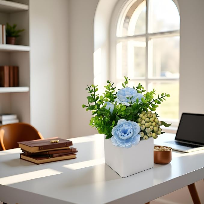 LADADA Artificial Blue Rose Potted Flowers with White Square Vase | Faux Eucalyptus Leaves Frosted Berry Floral Arrangement,Small Fake Silk Flower Centerpiece for Office Shelf Home Indoor Decor
