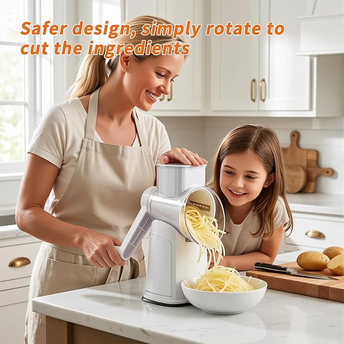Rotary Cheese Grater for Kitchen, 3-in-1 Manual Vegetable Slicer & Shredder with 3 Stainless Steel Blades, Strong Suction Base Hand Crank Mandoline Food Processor for Cheese, Potato, Nut