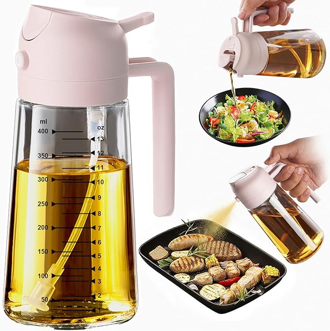 TrendPlain 16oz/470ml Glass Olive Oil Sprayer for Cooking - 2 in 1 Olive Oil Dispenser for Kitchen Gadgets, Air Fryer, Salad, and BBQ - Peach