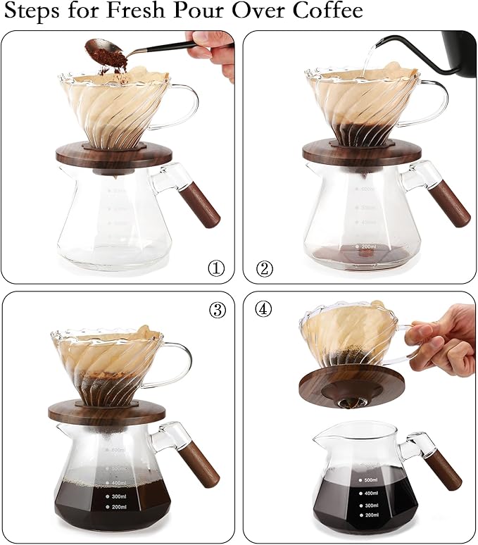 Lalord Pour Over Coffee Dripper with 100 pcs of Size 02 Paper Filter, Borosilicate Glass & Walnut Collar, Drip Coffee Maker, 1-3 Cups, Clear (Coffee Dripper)