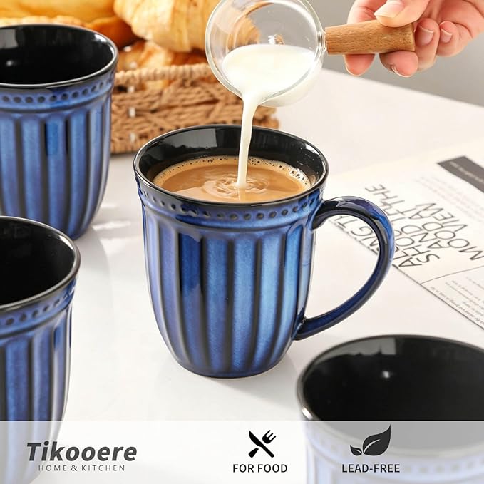 Coffee Mugs Set of 4, 16oz Navy Blue Ceramic Coffee Mug with Embossed Ribbed, Farmhouse Tea Cup Set for Latte, Cappuccino, Milk, Large Handle, Suitable for Office Home Restaurant Housewarming Gift