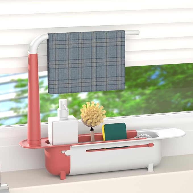 Telescopic Sink Storage Rack with 2 Sponge - Sink Caddy Sponge Holder for kitchen sink(Pink)