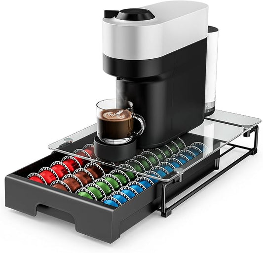 EVERIE Nespresso Vertuo Pod Holder Drawer, Coffee Pod Organizer with Universal Slots, Holds 40 Large or 52 Small Capsules, Tempered Glass Top Storage Drawer for Coffee Makers, 12" x 16.5" x 3.5"