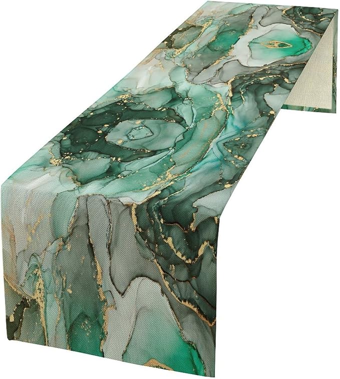 Marble Table Runner, Abstract Green and Gold Foil Modern Luxury Texture Printed Linen Table Runners for Living Room Kitchen Dining Room Party Holiday Home Decor 13" W x 108" L