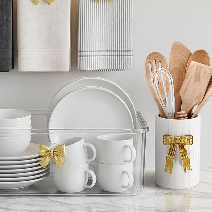 LemonRoad Gold Bow Ceramic Utensil Holder 3D Handmade Gold Kitchen Decor Gifts Cooking Utensil Crock with Scalloped Preppy Caddy Pen Holder Vase Vintage Retro Graduation Gift for College Students