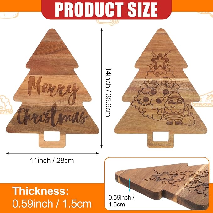 Umigy 2 Pcs Christmas Cutting Board Christmas Tree Charcuterie Boards Kitchen Wooden Santa Claus Acacia Cute Cutting Board with Handle for Housewarming Wedding Xmas Party Supplies
