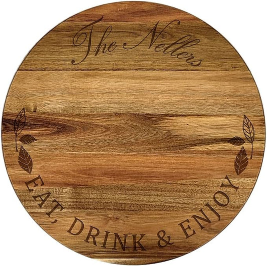 Engraved Eat Drink and Enjoy Personalized Lazy Susan, 16" Rotating Tray Brown