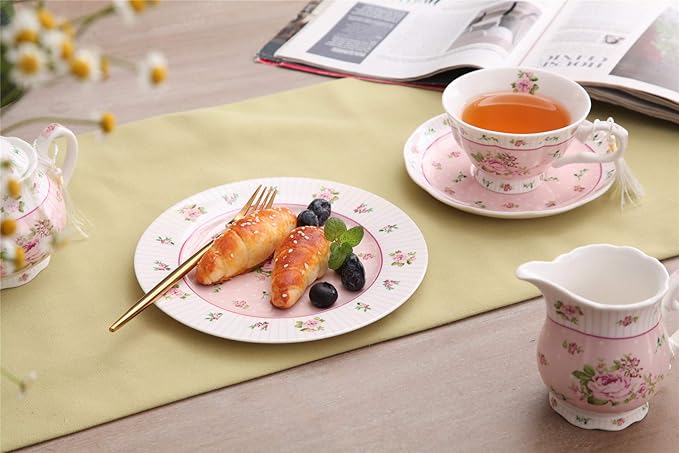 London Boutique Coffee Tea Cups and Saucers Set of 2 Vintage Flora Rose Lavender Porcelain Gift Box (Rose Pink 2pc Set)