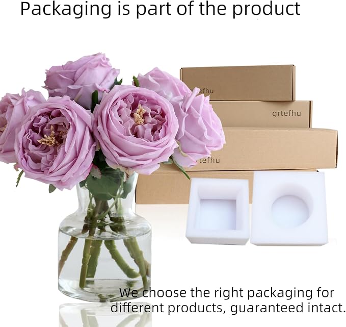 Fake Austin Rose Peonies Flowers with Vase, Clear Glass Vase with Purple Real Touch Peonies Artificial Flowers,Faux Flower Arrangements for Dining Table Centerpiece Decor