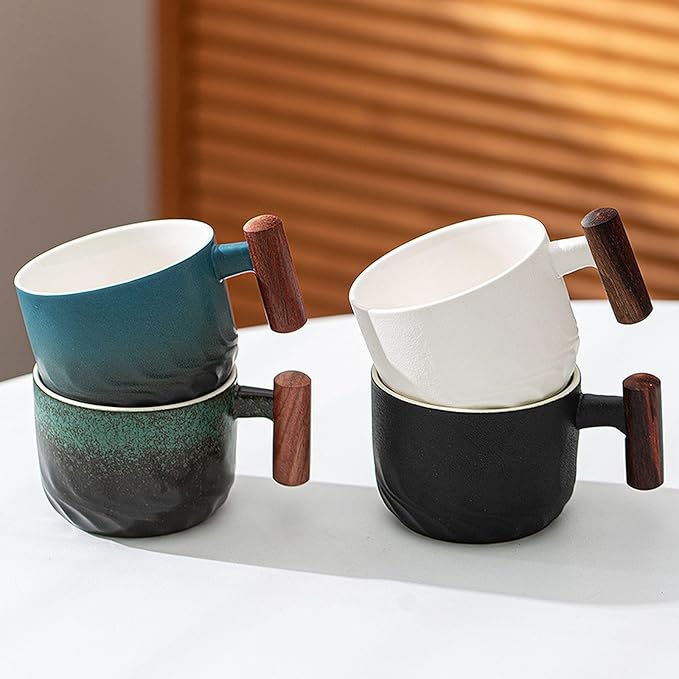 2.5oz Ceramic Espresso Cups with Wooden Handle, Chinese KungFu Tea Cup, Coffee Cups Set of 4 (Multicolor)