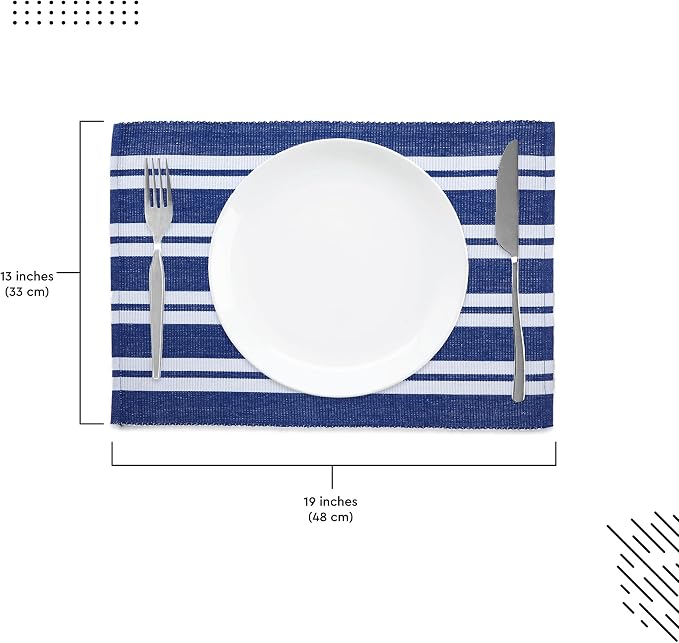 Encasa XO Dining Placemat Set of 6 | Franca Blue Stripes Color | Fine Ribbed Cotton Table mat | Size 19x13 in | Machine Washable