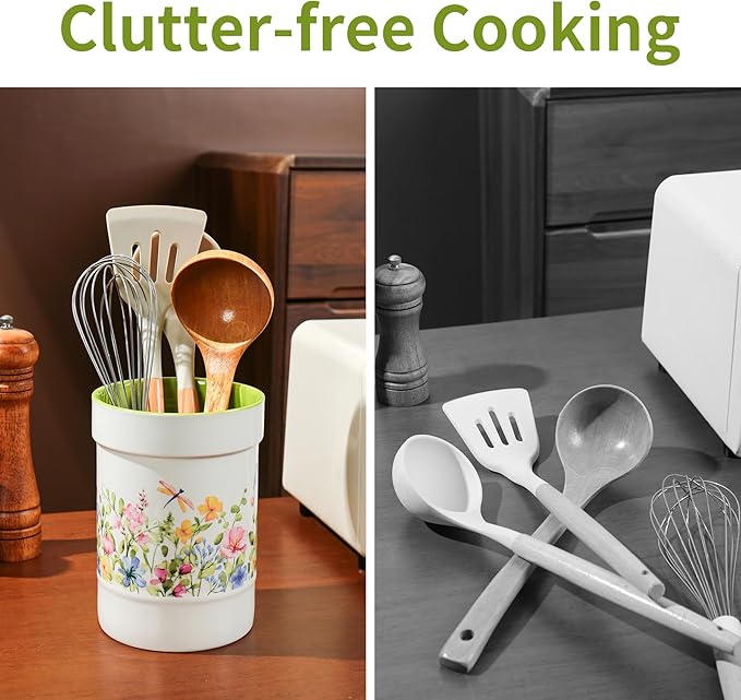 Kitchen Decor Utensil Holder,7in Ceramic Utensil Crocks for Countertop,Cocina Organizer for Cooking utensil caddy, White and Green Cottage Style