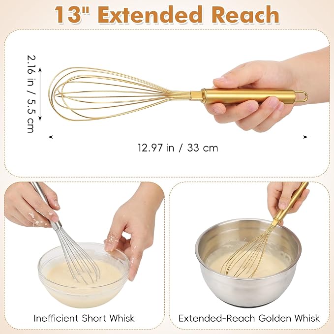 MAGICLULU Stainless Steel Whisk, 13 Inch Gold Wire Egg Beater, Thicken Wire Hand Mixer for Whisking Blending Baking Cooking, Kitchen Utensils Gadgets for Cream Batter Sauce