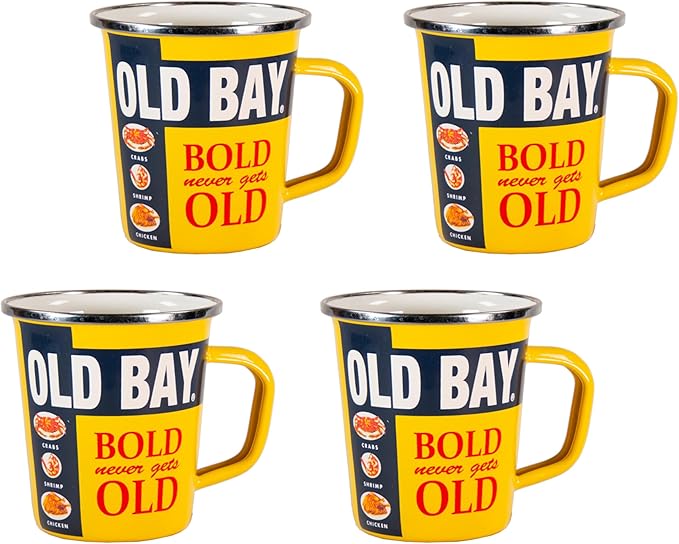 Golden Rabbit Enamelware Latte Coffee or Tea Mugs, 16 ounce, Old Bay, Set of 4