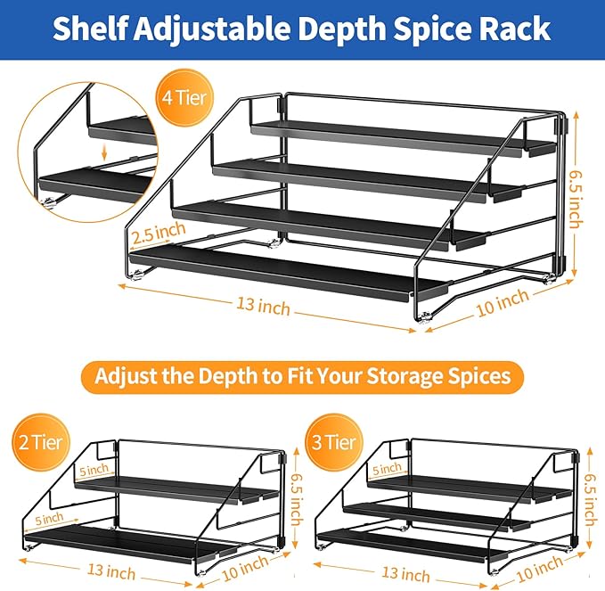 BOIVSHI 4 Tier Spice Rack Organzier, Spice Rack for Cabinet, Adjustable Depth Seasoning Shelf for Countertop, Pantry, Seasoning Organizer, Metal, Black (2 Pack)
