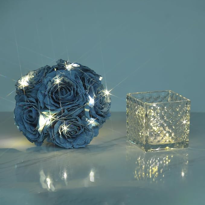 Artificial Rose in Glass Vase Vintage Silk Flower Arrangement with LED Light for Table Centerpiece Home Wedding Decoration (Dusty Blue)