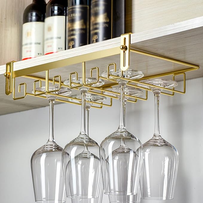 V3VOGUE Under Cabinet Wine Glass Rack, Punch-Free Stemware Rack, Hanging Stemware Holder, Adjustable Under Shelf Glasses Storage Hanger, Metal Organizer, for Cabinet Kitchen Bar