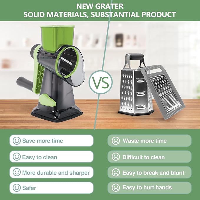 Rotary Cheese Grater with Handle-Versatile Cheese Grater Non-Slip Suction Base,Cheese Shredder & Food Slicer for Cheese,Carrots, Cucumbers,Nuts-Compact & Easy Clean Kitchen Kitchen Tool (Green)
