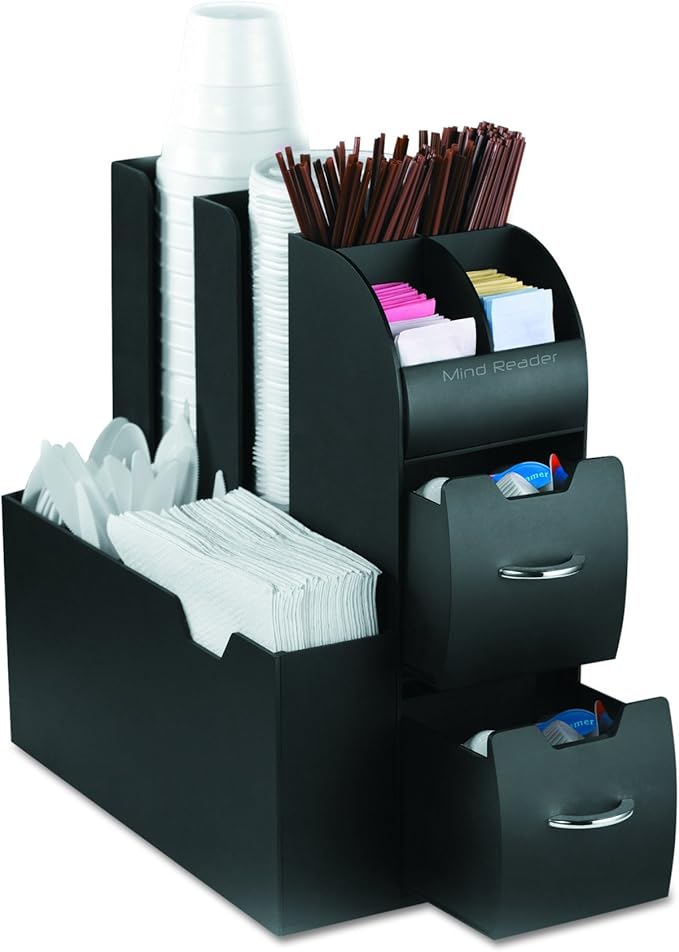 Mind Reader Coffee Pod Organizer with Drawers (36 Pod Capacity) + 11-Compartment Coffee Cup and Condiment Organizer with 2 Drawers