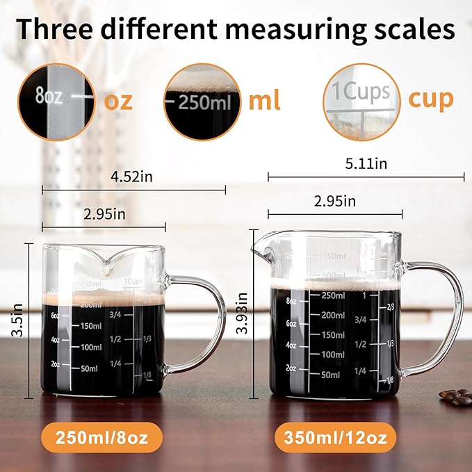 FrutPunch Glass Measuring Cup, Two-Pack (8OZ, 12OZ) with V-Shaped Mouth, Liquid Measuring Cups, Coffee Glass Measuring Cup with Handle, Suitable for Kitchen and Restaurant.