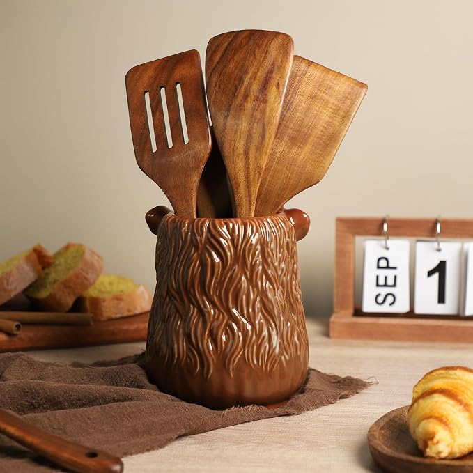 Ceramic Highland Cattle Kitchen Utensil Holder, Large Cooking Utensil Crocks for Countertop, Utensil Organizer
