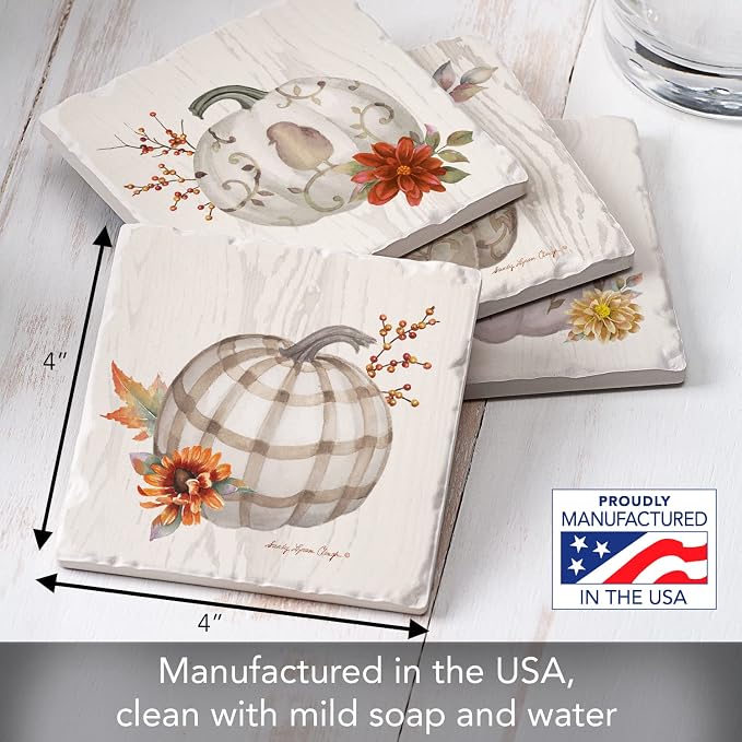 Thirstystone Fall Pumpkins 4 Pack Assorted Tumbled Tile Stone Coasters with Protective Cork Backing 4" Square Manufactured in the USA
